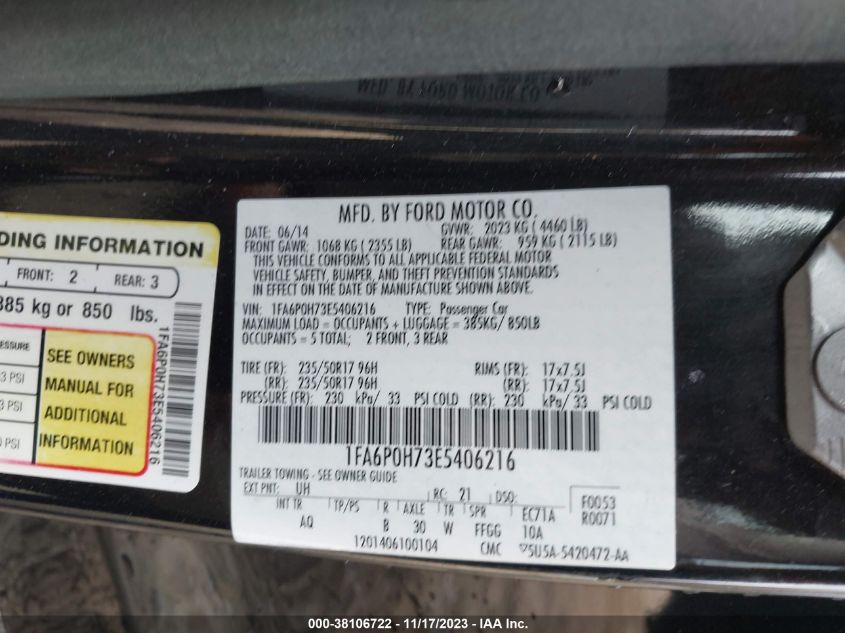 2014 FORD FUSION SE - 1FA6P0H73E5406216