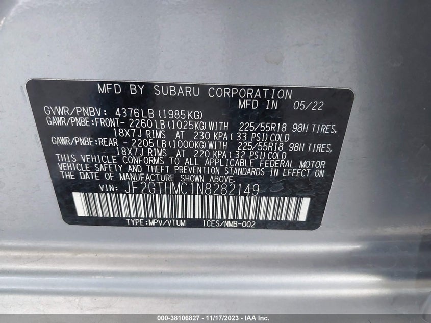VIN JF2GTHMC1N8282149 2022 SUBARU CROSSTREK LIMITED