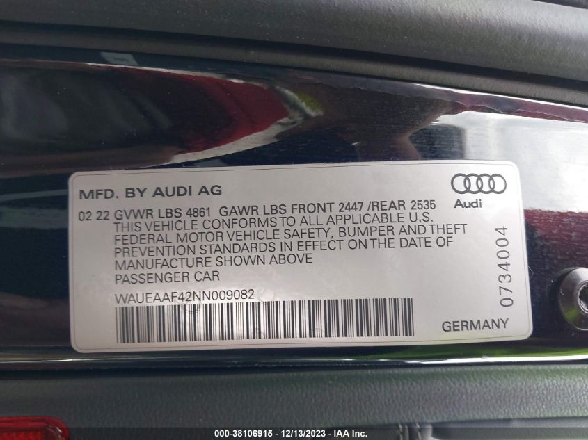 2022 AUDI A4 PREMIUM PLUS 45 TFSI S LINE QUATTRO S TRONIC - WAUEAAF42NN009082