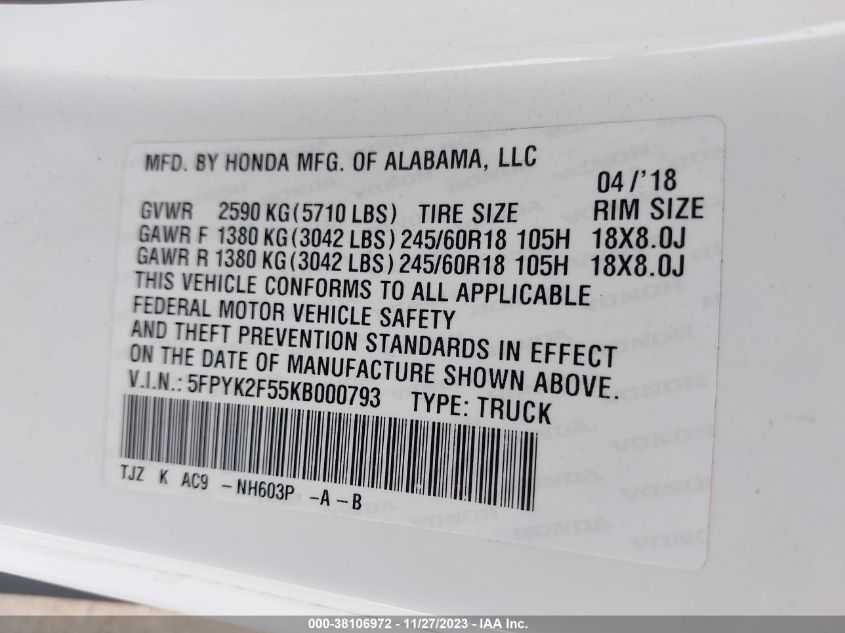 5FPYK2F55KB000793 Honda Ridgeline RTL 9