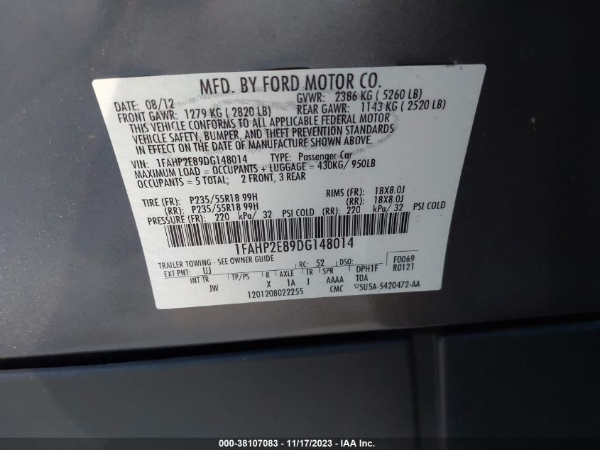 2013 FORD TAURUS SEL - 1FAHP2E89DG148014