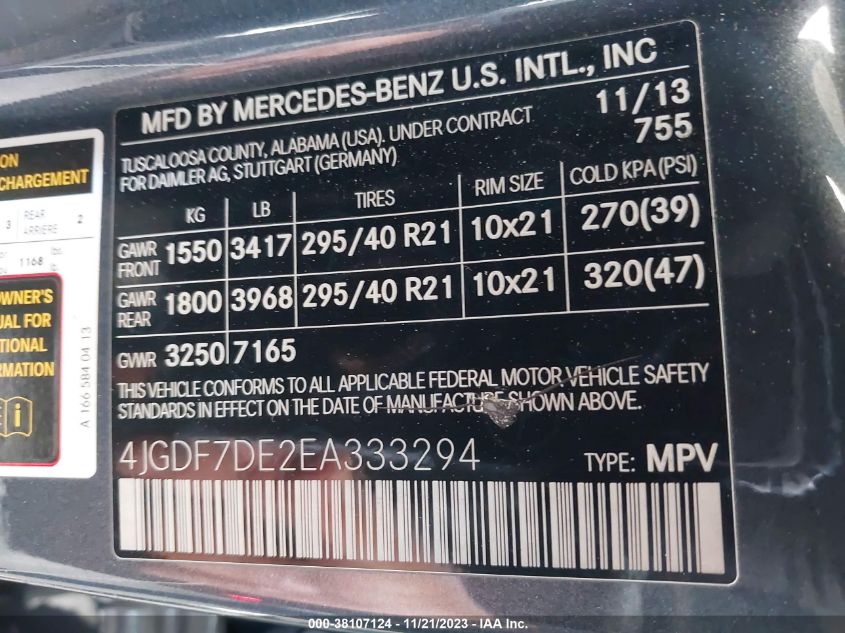 2014 MERCEDES-BENZ GL 550 4JGDF7DE2EA333294