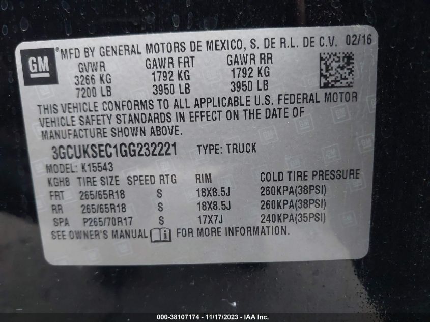 2016 CHEVROLET SILVERADO 1500 2LZ - 3GCUKSEC1GG232221