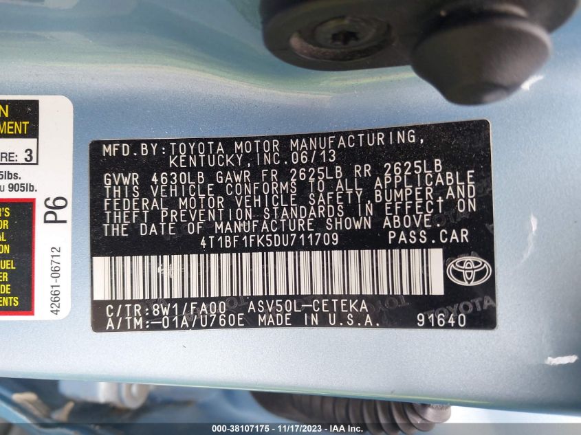 2013 TOYOTA CAMRY L/LE/SE/XLE - 4T1BF1FK5DU711709
