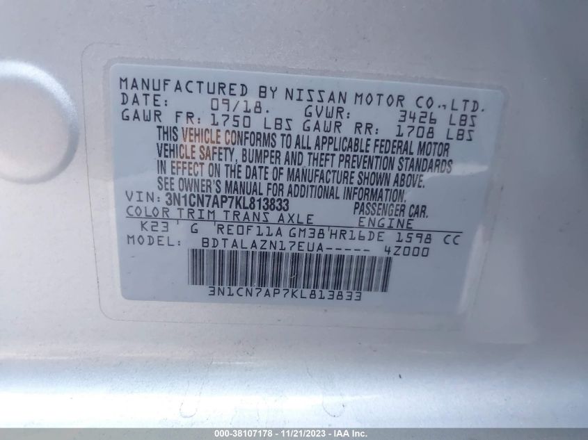 2019 NISSAN VERSA S/S PLUS/SV - 3N1CN7AP7KL813833