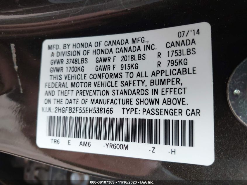 2014 HONDA CIVIC LX - 2HGFB2F55EH538166