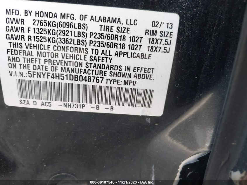 2013 HONDA PILOT EXL - 5FNYF4H51DB048767