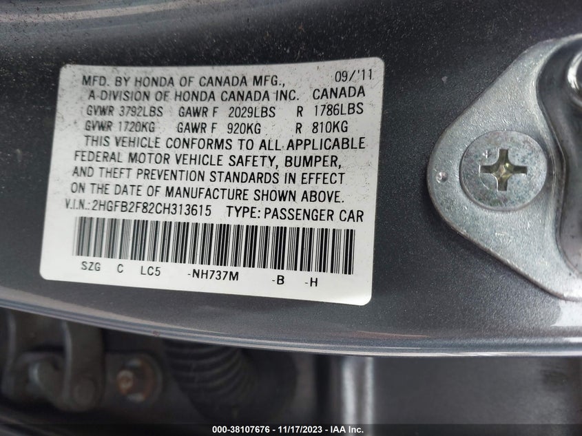 2012 HONDA CIVIC VIN: 2HGFB2F82CH313615