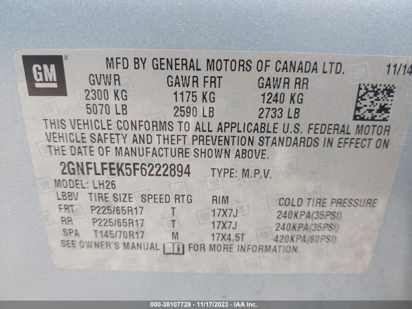 2015 CHEVROLET EQUINOX 1LT - 2GNFLFEK5F6222894