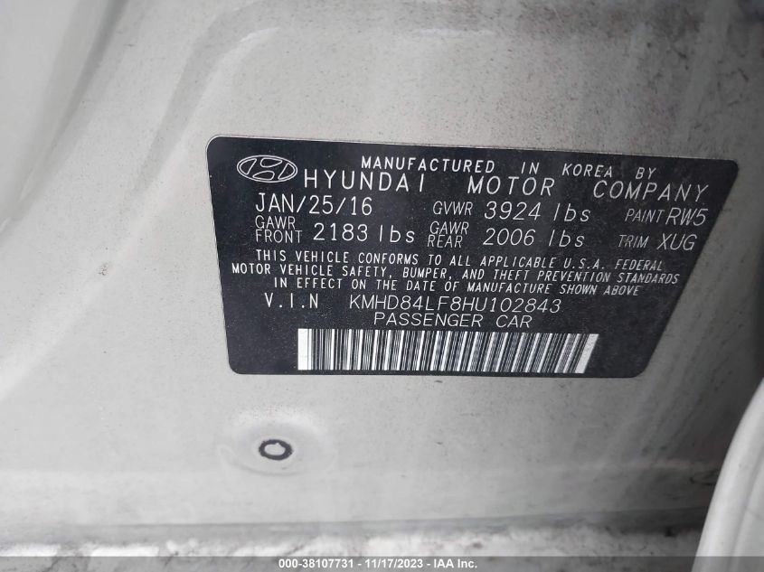 2017 HYUNDAI ELANTRA SE - KMHD84LF8HU102843
