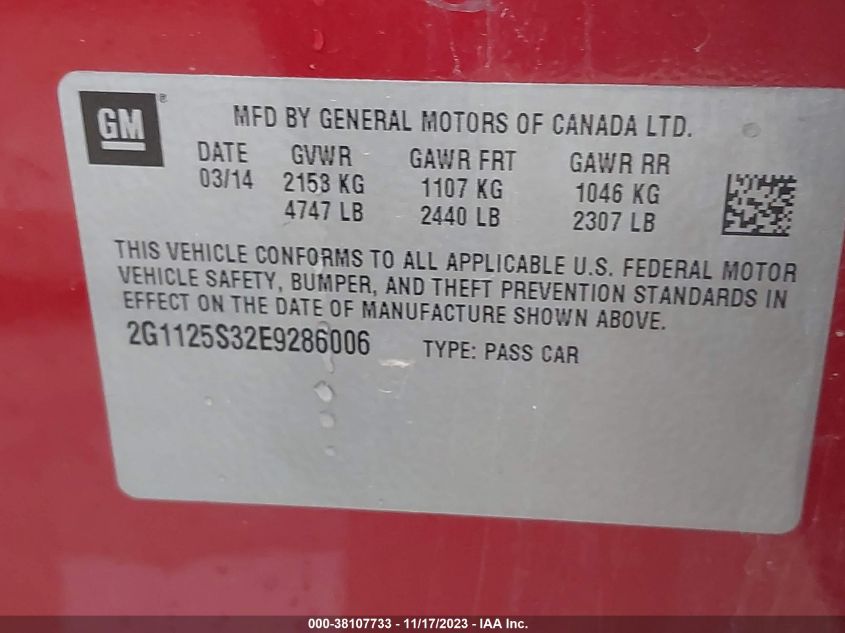 2014 CHEVROLET IMPALA 2LT - 2G1125S32E9286006