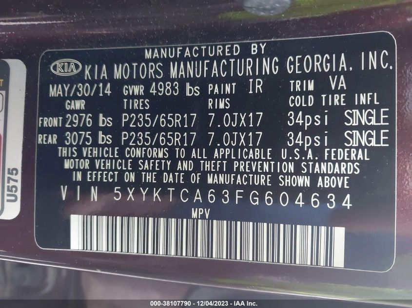 2015 KIA SORENTO LX - 5XYKTCA63FG604634