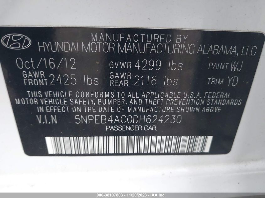 2013 HYUNDAI SONATA GLS PZEV - 5NPEB4AC0DH624230