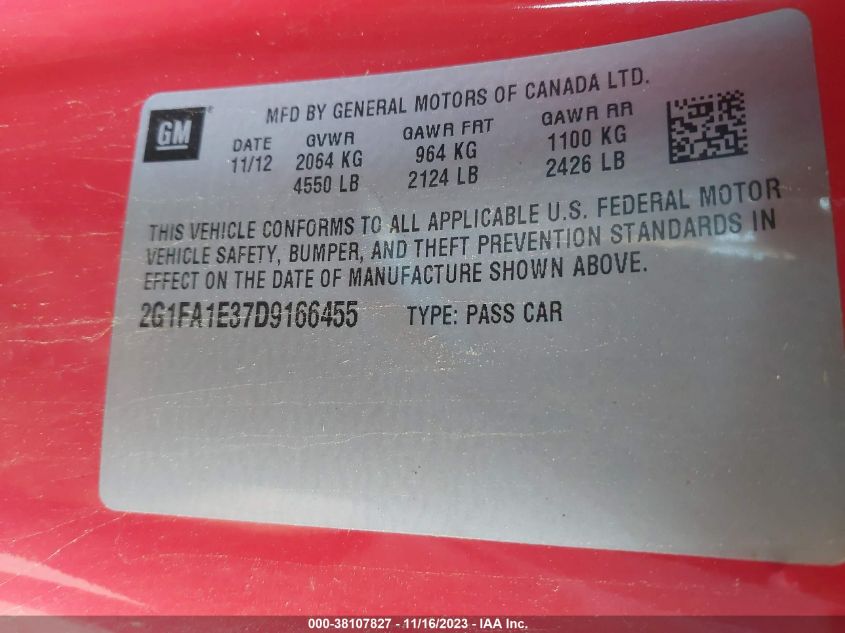2013 CHEVROLET CAMARO 2LS - 2G1FA1E37D9166455
