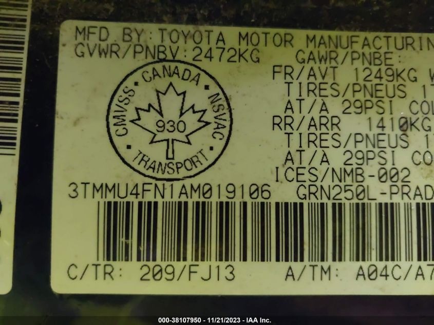 3TMMU4FN1AM019106 | 2010 TOYOTA TACOMA