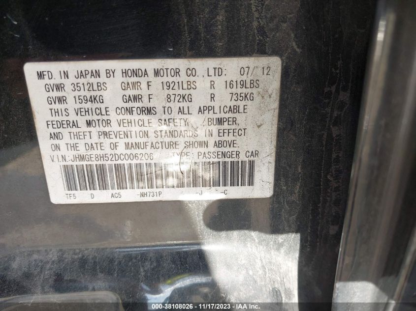 2013 HONDA FIT SPORT - JHMGE8H52DC006206