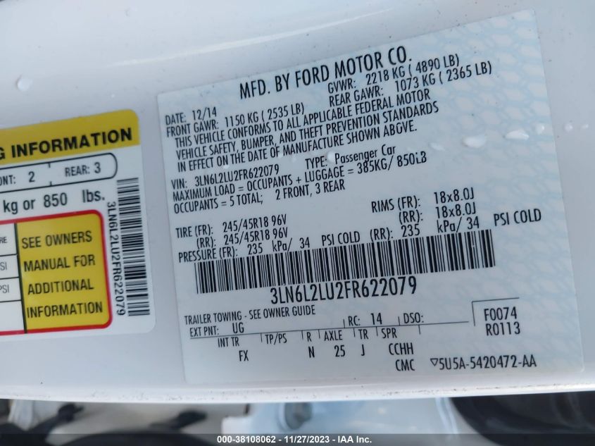 2015 LINCOLN MKZ HYBRID HYBRID - 3LN6L2LU2FR622079