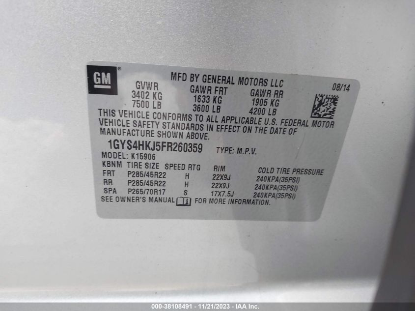 2015 CADILLAC ESCALADE ESV LUXURY - 1GYS4HKJ5FR260359