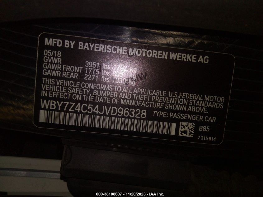 2018 BMW I3 94AH W/RANGE EXTENDER - WBY7Z4C54JVD96328