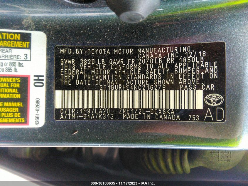 2019 TOYOTA COROLLA XSE - 2T1BURHE4KC216279