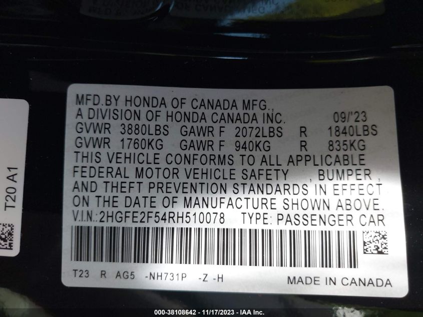 2024 HONDA CIVIC SPORT - 2HGFE2F54RH510078