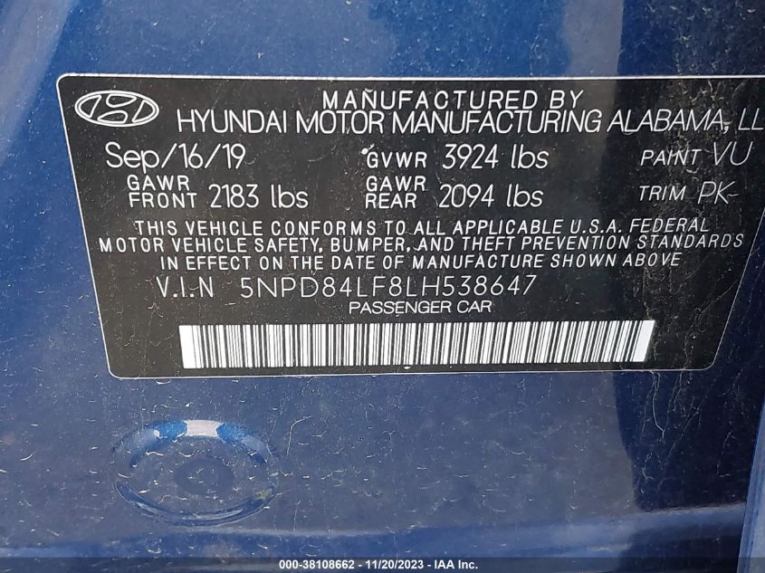 2020 HYUNDAI ELANTRA SEL - 5NPD84LF8LH538647