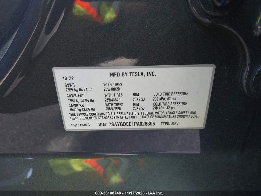 VIN 7SAYGDEE1PA026306 2023 TESLA MODEL Y
