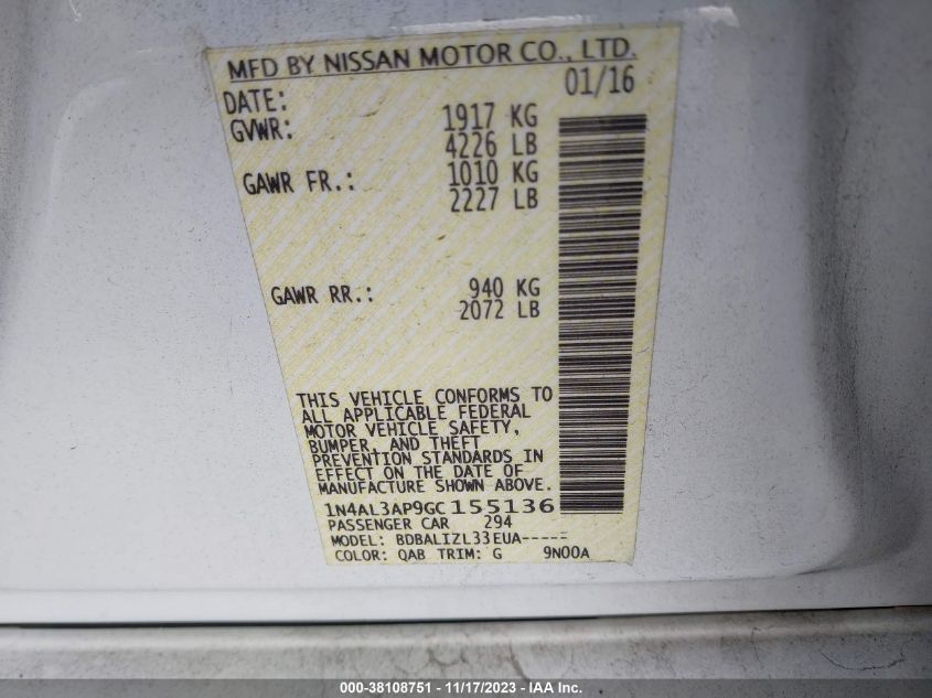 2016 NISSAN ALTIMA 2.5/S/SV/SL/SR - 1N4AL3AP9GC155136