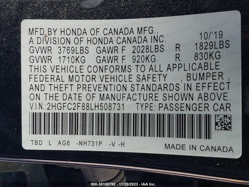 2020 HONDA CIVIC SPORT - 2HGFC2F88LH508731