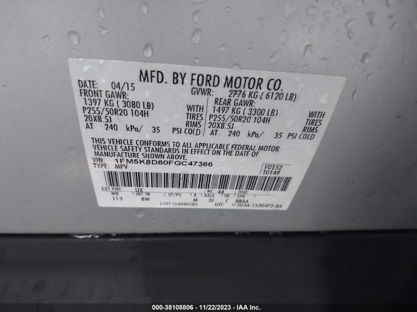 2015 FORD EXPLORER XLT - 1FM5K8D80FGC47366