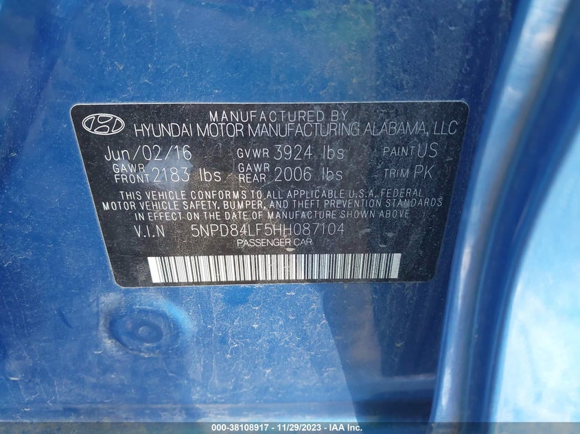 VIN 5NPD84LF5HH087104 2017 HYUNDAI ELANTRA LIMITED