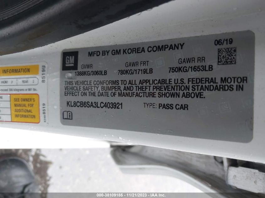 2020 CHEVROLET SPARK FWD LS AUTOMATIC - KL8CB6SA3LC403921