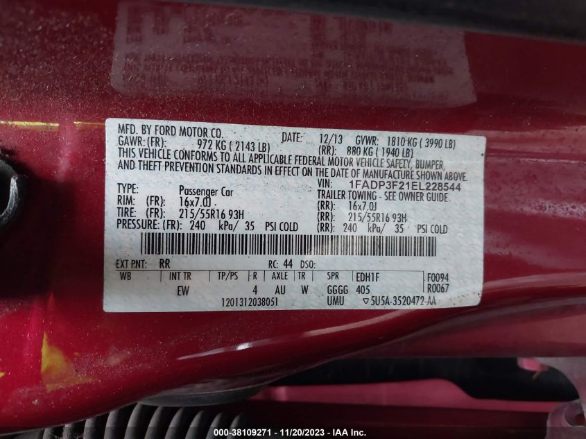 2014 FORD FOCUS SE - 1FADP3F21EL228544