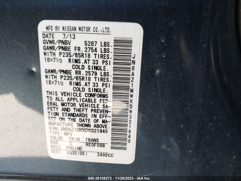 2013 NISSAN MURANO SL - JN8AZ1MWXDW321940