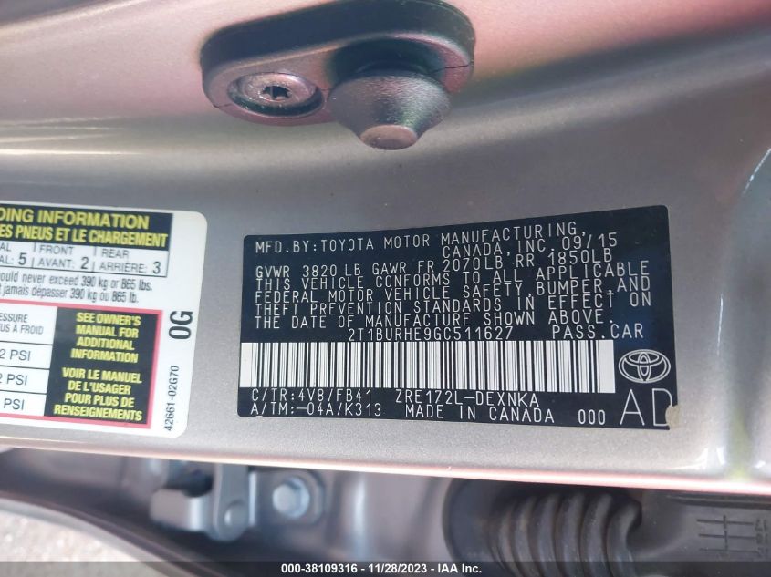2016 TOYOTA COROLLA L/LE/LE PLS/PRM/S/S PLS - 2T1BURHE9GC511627