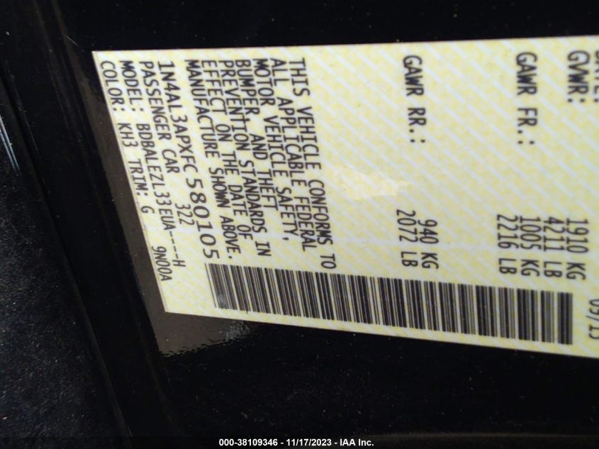 2015 NISSAN ALTIMA 2.5 S - 1N4AL3APXFC580105