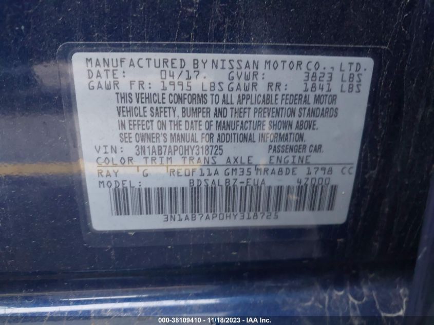 2017 NISSAN SENTRA S - 3N1AB7AP0HY318725