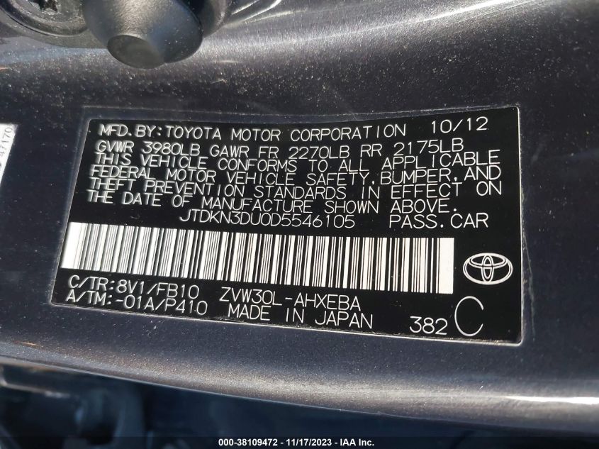 2013 TOYOTA PRIUS ONE/TWO/THREE/FOUR/FIVE - JTDKN3DU0D5546105