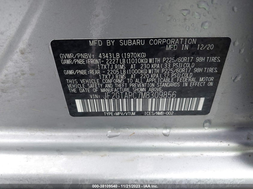 VIN JF2GTAPC7M8309856 2021 SUBARU CROSSTREK PREMIUM