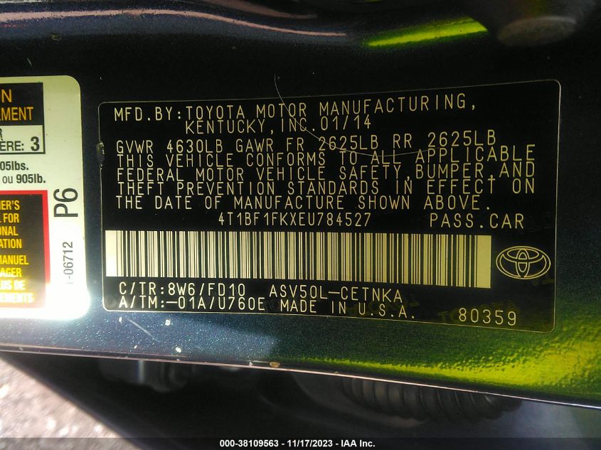 2014 TOYOTA CAMRY L/SE/LE/XLE - 4T1BF1FKXE4784527