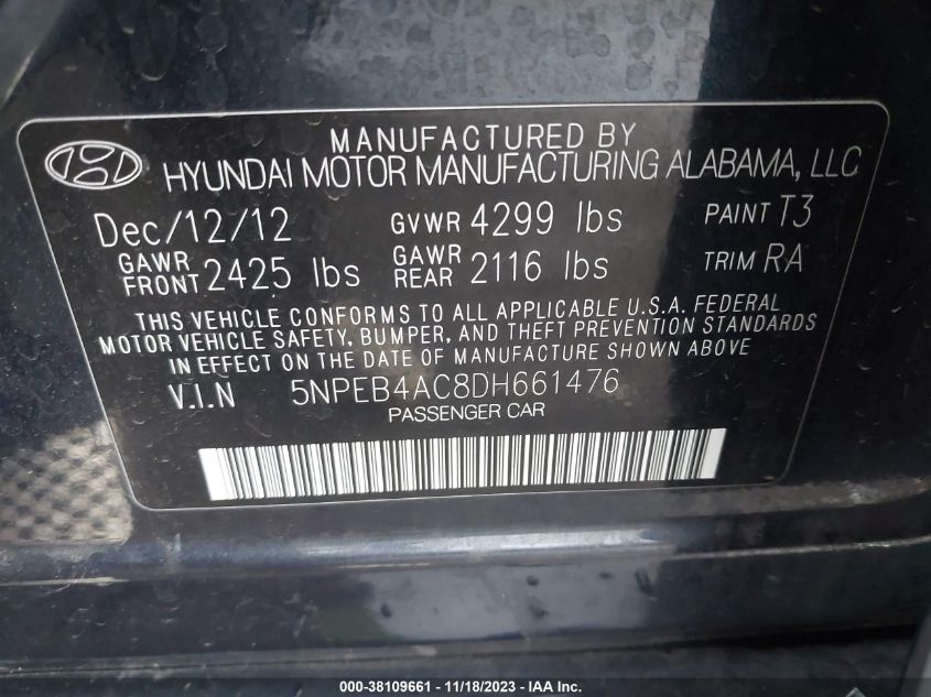 2013 HYUNDAI SONATA GLS PZEV - 5NPEB4AC8DH661476