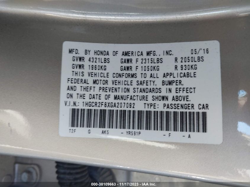 2016 HONDA ACCORD EXL - 1HGCR2F8XGA207092