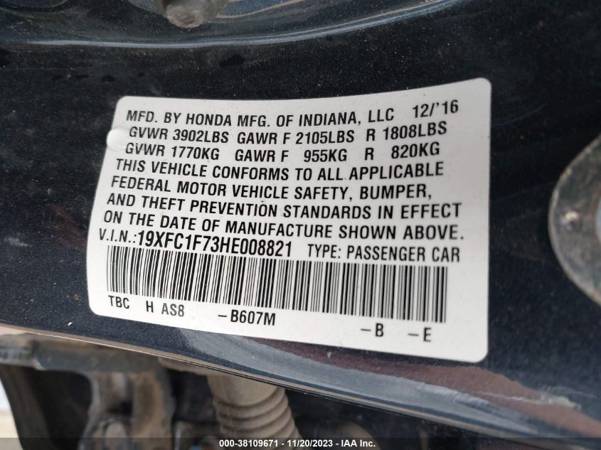 2017 HONDA CIVIC EX-L - 19XFC1F73HE008821