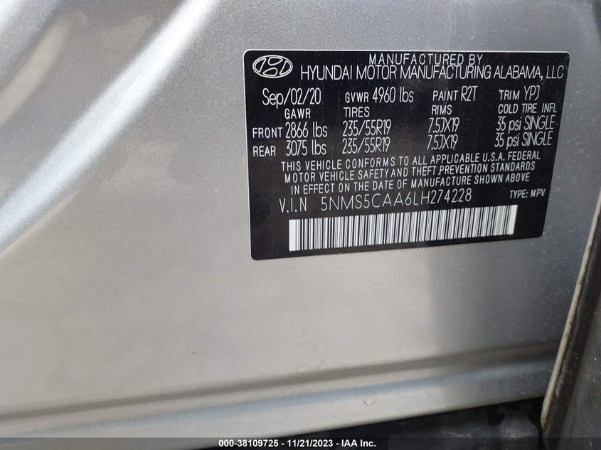 VIN 5NMS5CAA6LH274228 2020 HYUNDAI SANTA FE LIMITED 2.0T