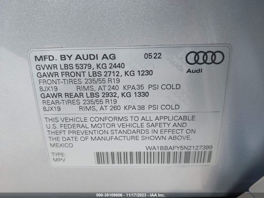 WA1BBAFY5N2127399 2022 AUDI Q5, photo no. 9