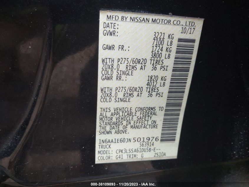 2018 NISSAN TITAN SV - 1N6AA1E60JN501976