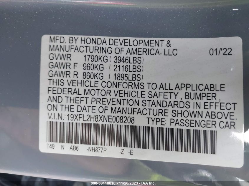 2022 HONDA CIVIC SPORT - 19XFL2H8XNE008208