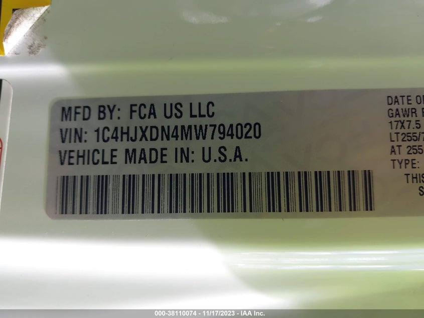 VIN 1C4HJXDN4MW794020 2021 JEEP WRANGLER UNLIMITED SPORT
