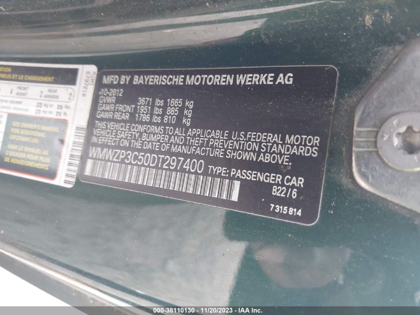 2013 MINI CONVERTIBLE COOPER S - WMWZP3C50DT297400