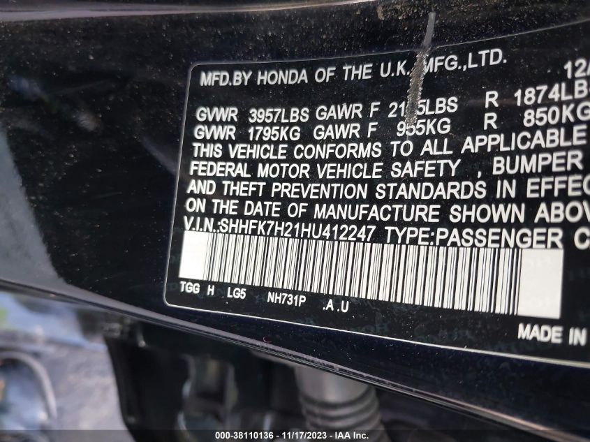 2017 HONDA CIVIC LX - SHHFK7H21HU412247